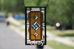 Beveled Stained Glass Window Panel, Aged Frame Work Amber Blue