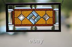 Beveled Stained Glass Window Panel, Aged Frame Work Amber Blue