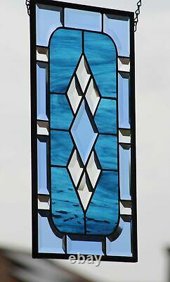 Beveled Stained Glass Window Panel, Hanging 17.5 x10.5 Buckaroo Blue