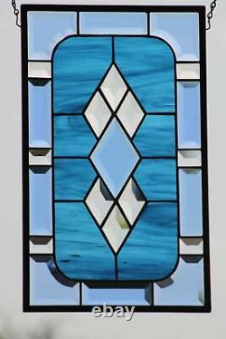 Beveled Stained Glass Window Panel, Hanging 17.5 x10.5 Buckaroo Blue