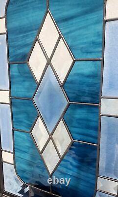 Beveled Stained Glass Window Panel, Hanging 17.5 x10.5 Buckaroo Blue
