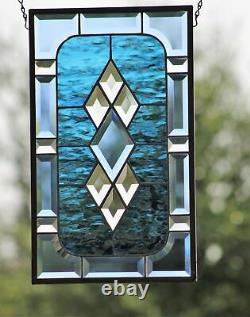 Beveled Stained Glass Window Panel, Hanging 17.5 x10.5 Buckaroo Blue