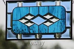 Beveled Stained Glass Window Panel, Hanging 17.5 x10.5 Buckaroo Blue