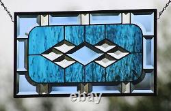 Beveled Stained Glass Window Panel, Hanging 17.5 x10.5 Buckaroo Blue