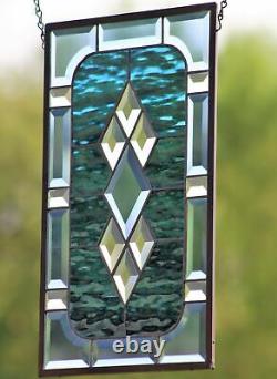 Beveled Stained Glass Window Panel, Hanging 17.5 x10.5 Buckaroo Blue