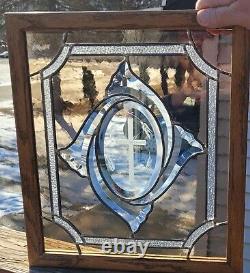 Beveled Stained Glass Window Panel with Etched Glass Cross and Oak frame