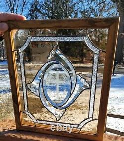 Beveled Stained Glass Window Panel with Etched Glass Cross and Oak frame
