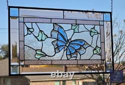 Beveled stained glass butterfly window panel hanging art, 24 1/2 by 14 1/2 inch