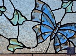 Beveled stained glass butterfly window panel hanging art, 24 1/2 by 14 1/2 inch