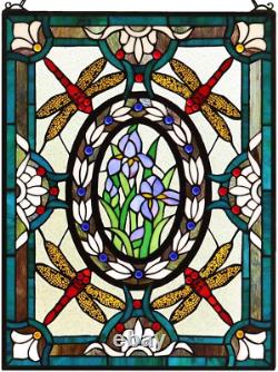 Bieye W10031 Dragonfly Iris Flower Tiffany Style Stained Glass Window Panel with