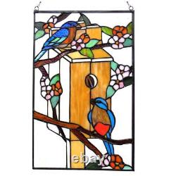 Birdhouse With Birds Tiffany Style Stained Glass Window Panel Suncatcher 12x19in
