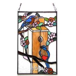 Birdhouse With Birds Tiffany Style Stained Glass Window Panel Suncatcher 12x19in
