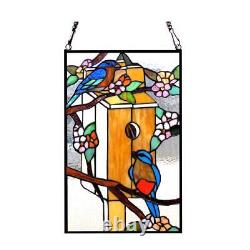 Birdhouse With Birds Tiffany Style Stained Glass Window Panel Suncatcher 12x19in