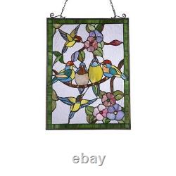 Birds Sitting on a Vine Stained Glass Window Panel Tiffany Style Decor