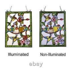 Birds Sitting on a Vine Stained Glass Window Panel Tiffany Style Decor