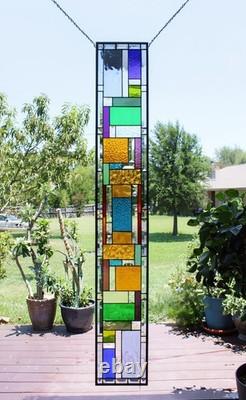 Blue Beveled Geometric Stained Glass Panel. 8.5 x 56 Hanging Window Art