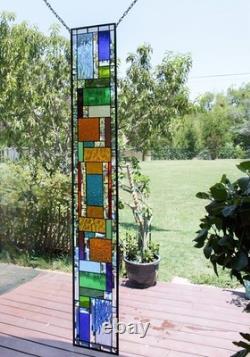 Blue Beveled Geometric Stained Glass Panel. 8.5 x 56 Hanging Window Art