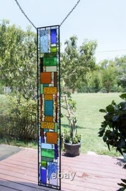 Blue Beveled Geometric Stained Glass Panel. 8.5 x 56 Hanging Window Art