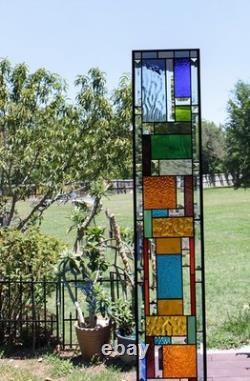 Blue Beveled Geometric Stained Glass Panel. 8.5 x 56 Hanging Window Art