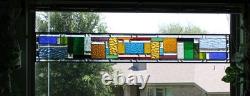 Blue Beveled Geometric Stained Glass Panel. 8.5 x 56 Hanging Window Art