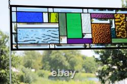 Blue Beveled Geometric Stained Glass Panel. 8.5 x 56 Hanging Window Art