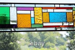Blue Beveled Geometric Stained Glass Panel. 8.5 x 56 Hanging Window Art