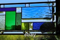 Blue Beveled Geometric Stained Glass Panel. 8.5 x 56 Hanging Window Art