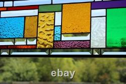 Blue Beveled Geometric Stained Glass Panel. 8.5 x 56 Hanging Window Art