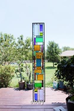 Blue Beveled Geometric Stained Glass Panel. 8.5 x 56 Hanging Window Art