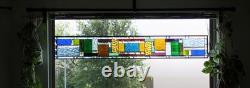 Blue Beveled Geometric Stained Glass Panel. 8.5 x 56 Hanging Window Art