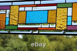 Blue Beveled Geometric Stained Glass Panel. 8.5 x 56 Hanging Window Art