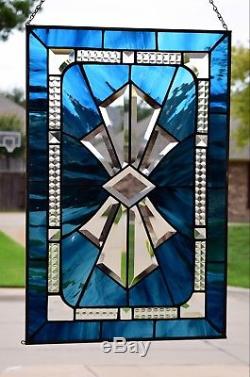 Blue Bow Tie Bevel Stained Glass Window Panel