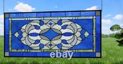 Blue & Clear Geometric Stained Glass Panel Contemporary Window 40.75x18.75