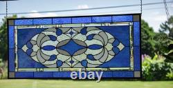 Blue & Clear Geometric Stained Glass Panel Contemporary Window 40.75x18.75