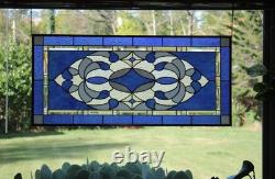 Blue & Clear Geometric Stained Glass Panel Contemporary Window 40.75x18.75