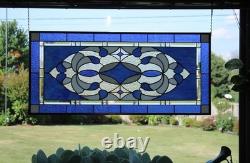 Blue & Clear Geometric Stained Glass Panel Contemporary Window 40.75x18.75