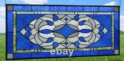Blue & Clear Geometric Stained Glass Panel Contemporary Window 40.75x18.75