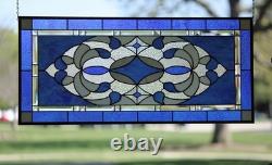 Blue & Clear Geometric Stained Glass Panel Contemporary Window 40.75x18.75