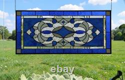 Blue & Clear Geometric Stained Glass Panel Contemporary Window 40.75x18.75