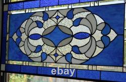 Blue & Clear Geometric Stained Glass Panel Contemporary Window 40.75x18.75