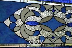 Blue & Clear Geometric Stained Glass Panel Contemporary Window 40.75x18.75