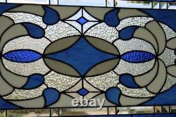 Blue & Clear Geometric Stained Glass Panel Contemporary Window 40.75x18.75