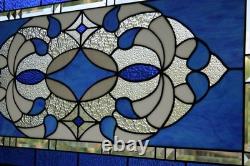 Blue & Clear Geometric Stained Glass Panel Contemporary Window 40.75x18.75