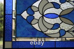Blue & Clear Geometric Stained Glass Panel Contemporary Window 40.75x18.75