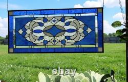Blue & Clear Geometric Stained Glass Panel Contemporary Window 40.75x18.75