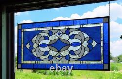Blue & Clear Geometric Stained Glass Panel Contemporary Window 40.75x18.75