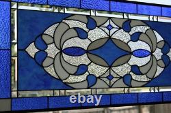 Blue & Clear Geometric Stained Glass Panel Contemporary Window 40.75x18.75