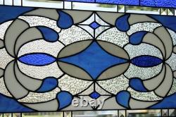 Blue & Clear Geometric Stained Glass Panel Contemporary Window 40.75x18.75