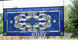 Blue & Clear Geometric Stained Glass Panel Contemporary Window 40.75x18.75