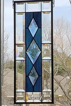 Blue Dimond's-Beveled Stained Glass Window Panel, ? 19 1/2 X 7 1/2